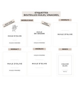 Modèles d'étiquettes waterproof pour huilier et vinaigrier : modèle huile avec et sans dessin, modèles 6, 7, 8 et Basics