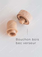 Gros plan de deux bouchons en bois à bec verseur pour huilier, légendés Bouchon bois bec verseur, vus de dessus et de côté