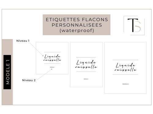 Modèle 1 d'étiquette waterproof pour distributeur de savon : Liquide vaisselle en écriture manuscrite, 250, 500 et 1000 ml, niveaux 1 et 2 annotés