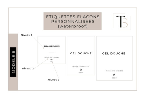 Modèle 6 d'étiquette waterproof pour distributeur de savon : Shampoing et Gel douche en capitales, mention Things and Stickers, trois niveaux annotés