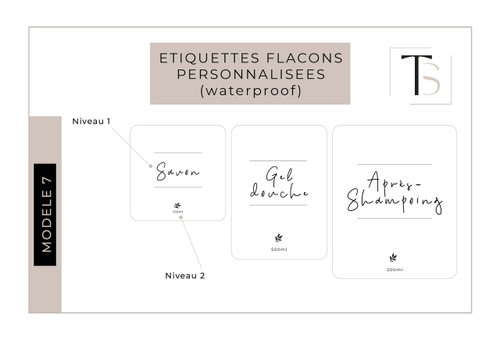 Modèle 7 d'étiquette waterproof pour distributeur de savon : Savon, Gel douche et Après-shampoing en écriture manuscrite, niveaux 1 et 2 annotés