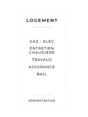 Étiquette de classeur blanche Logement listant Gaz-élec, Entretien chaudière, Travaux, Assurance et Bail, avec la mention Administration
