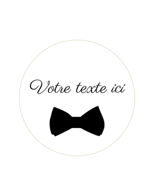 Sticker d'anniversaire rond blanc orné d'un nœud papillon noir, avec l'exemple Votre texte ici en écriture calligraphique au-dessus