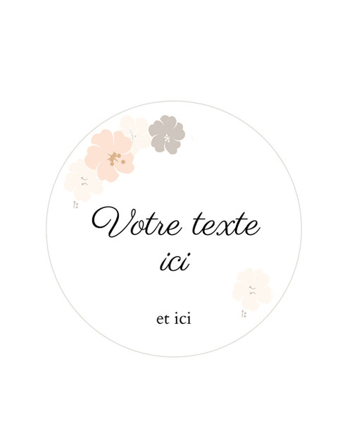 Sticker de mariage rond blanc orné de fleurs pêche et taupe, avec l'exemple Votre texte ici et ici en écriture calligraphique