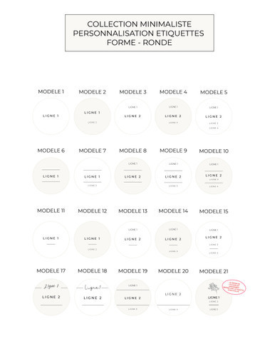 Planche Collection minimaliste, personnalisation des étiquettes rondes : les modèles 1 à 21, de une à quatre lignes, fond blanc ou beige