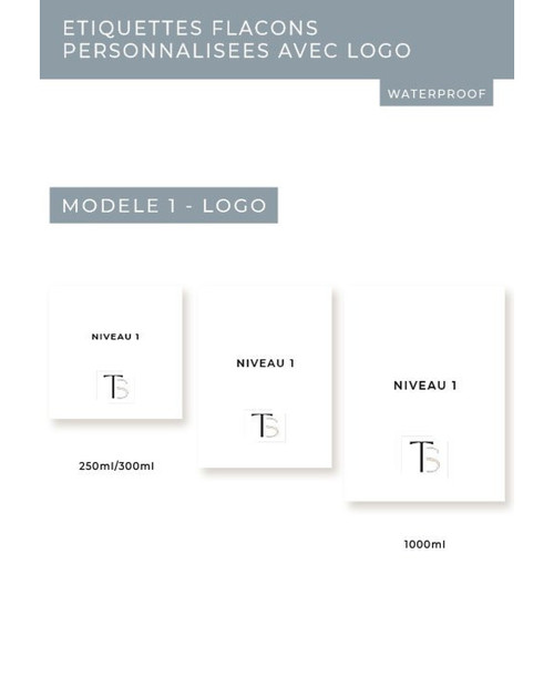 Planche Étiquettes flacons personnalisées avec logo, modèle 1 : le logo sous le niveau 1 de texte, en 250/300 ml, 450/500 ml et 1000 ml