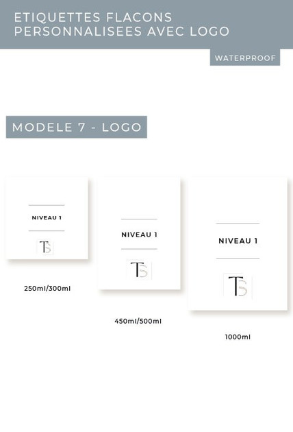 Planche Étiquettes flacons personnalisées avec logo, modèle 7 : niveau 1 entre deux filets puis le logo, en trois tailles de flacon