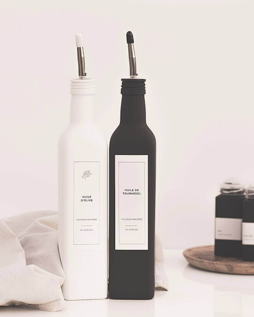 Huilier en verre blanc et bouteille noire pour huile d'olive et huile de tournesol, becs verseurs métal anti-goutte