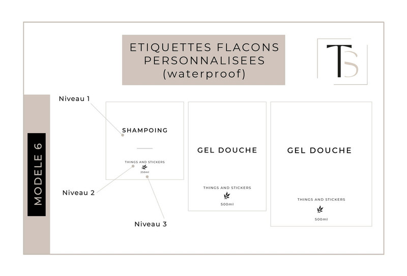 Modèle 6 d'étiquette waterproof pour distributeur de savon : Shampoing et Gel douche en capitales, mention Things and Stickers, trois niveaux annotés