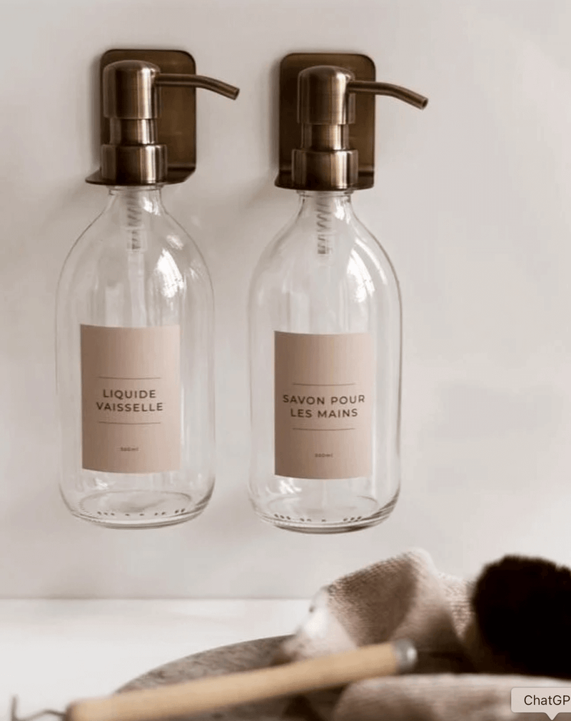 Distributeurs de savon muraux en verre à pompe et support bronze, étiquettes beige liquide vaisselle et savon pour les mains