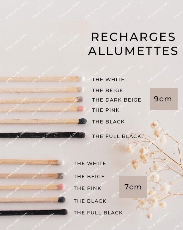 Nuancier des recharges d'allumettes : six teintes en 9 cm et cinq en 7 cm, têtes blanche, beige, beige foncé, rose, noire et tige noire