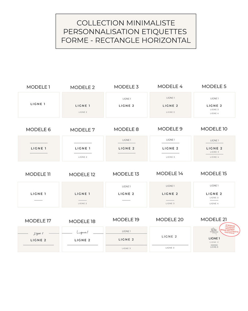 Planche des étiquettes de salle de bain, rectangle horizontal, collection minimaliste : les modèles 1 à 21, de une à quatre lignes