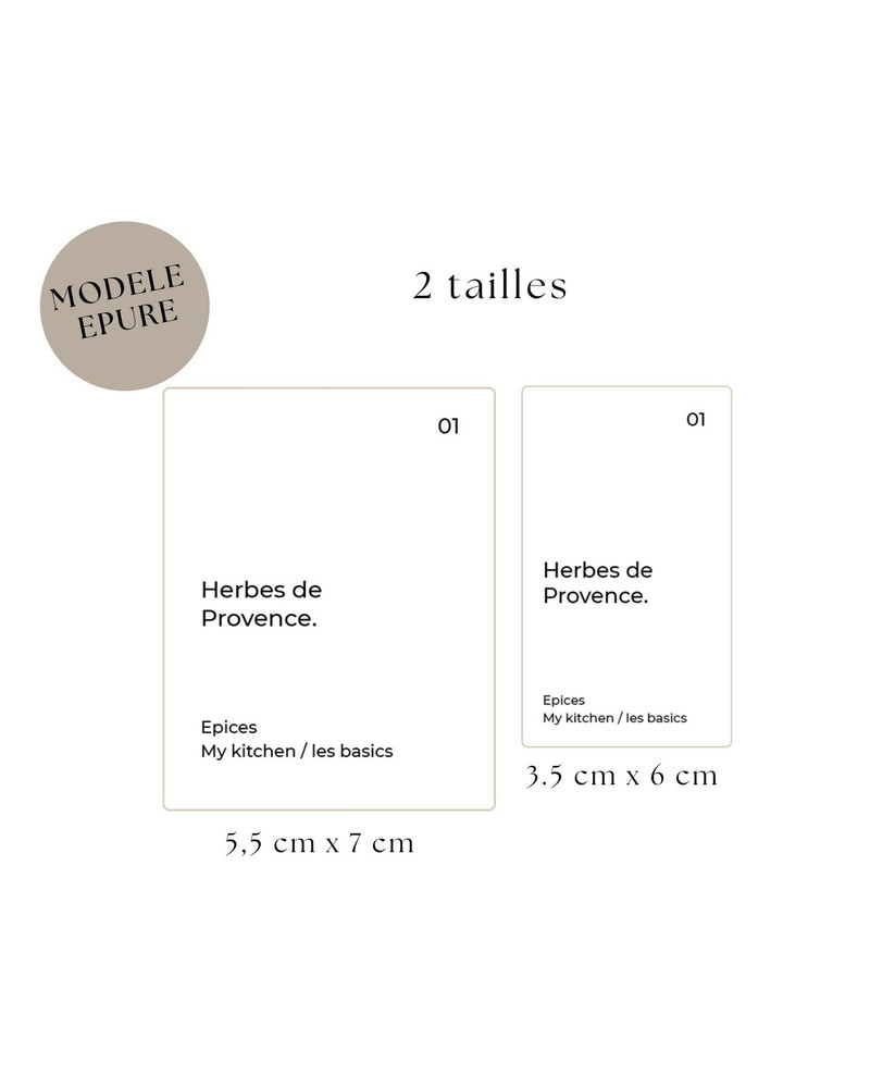 Étiquettes de bocaux, modèle épuré en 2 tailles : la même étiquette 01 Herbes de Provence en 5,5 x 7 cm et en 3,5 x 6 cm