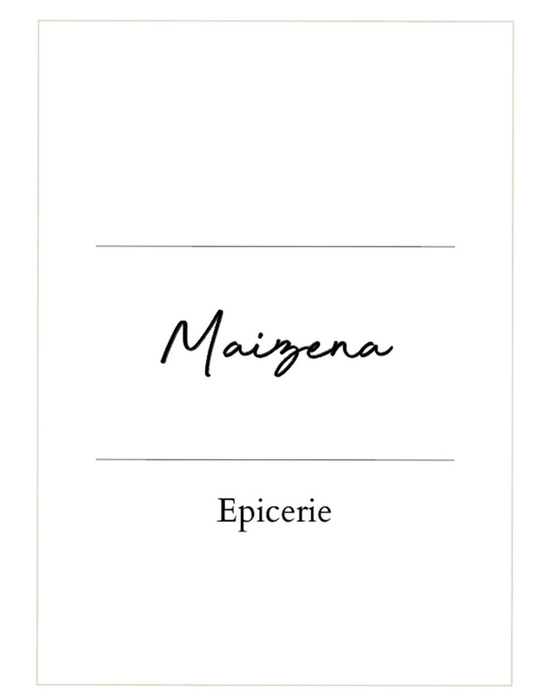 Étiquette verticale blanche pour bocaux, le mot Maizena en écriture manuscrite entre deux filets, avec la mention Epicerie en dessous