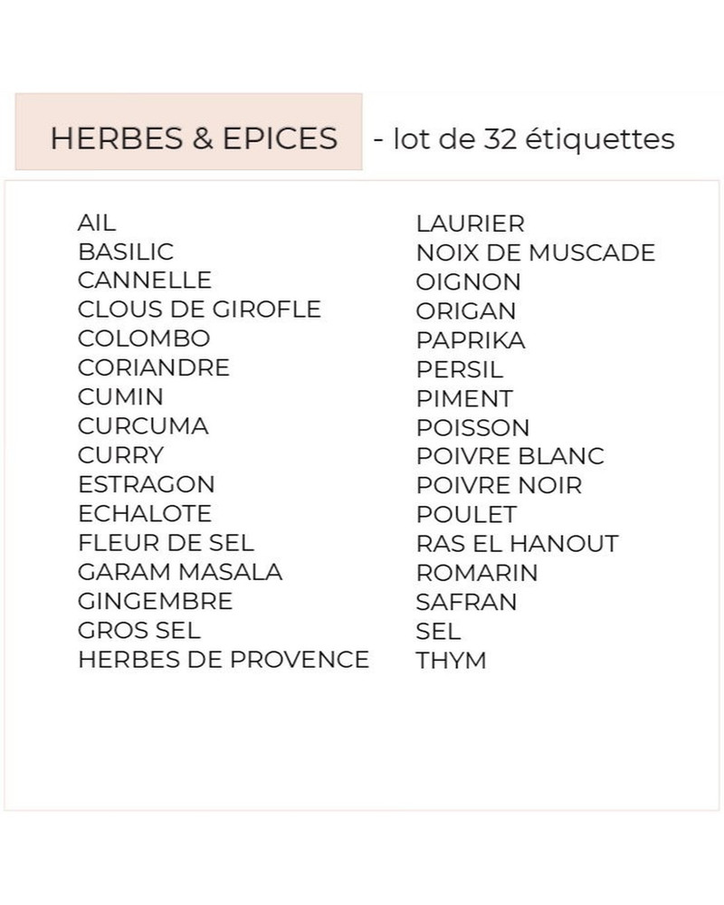 Liste du lot de 32 étiquettes Herbes & épices, de ail et basilic à thym, en passant par curcuma, ras el hanout, safran et fleur de sel