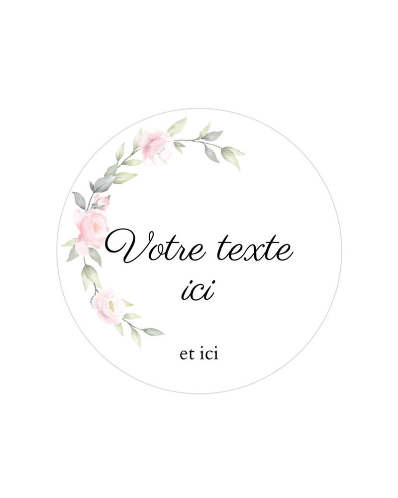 Sticker de mariage rond blanc orné d'une couronne de roses roses à l'aquarelle, avec l'exemple Votre texte ici et ici