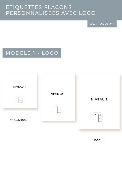 Planche Étiquettes flacons personnalisées avec logo, modèle 1 : le logo sous le niveau 1 de texte, en 250/300 ml, 450/500 ml et 1000 ml