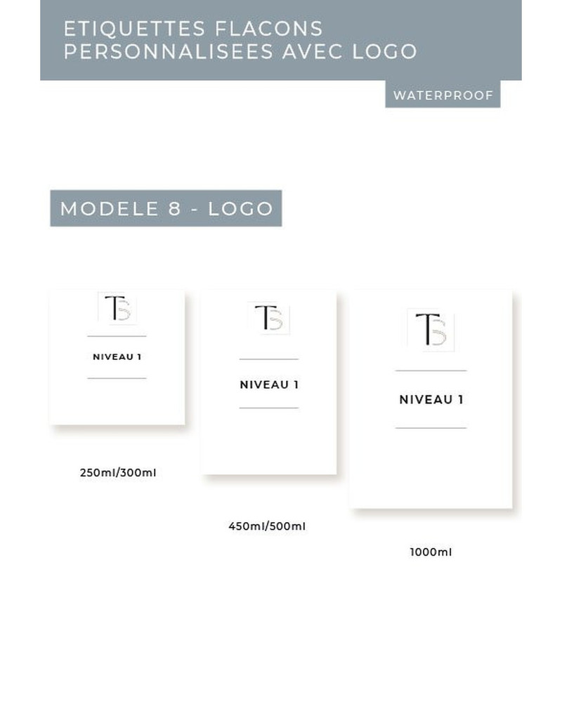 Planche Étiquettes flacons personnalisées avec logo, modèle 8 : le logo au-dessus du niveau 1 de texte, en trois tailles de flacon