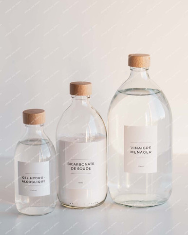 Bouteille lessive en verre transparent bouchon bois
