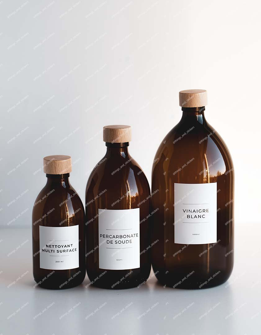 Bouteille en verre ambré à bouchon bois pour la buanderie, étiquette personnalisée