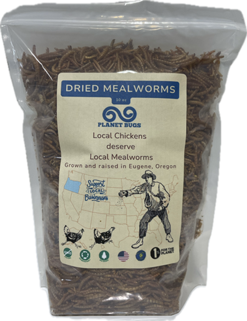 10oz bag of Planet Bugs™  Dried Mealworms. Translucent bag, resealable, compostable.