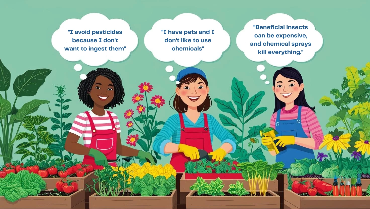 cartoon with 3 gardeners explaining why they don't like using chemicals and pesticides