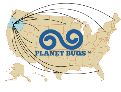 US map with state of Oregon highlighted and the Planet Bugs logo