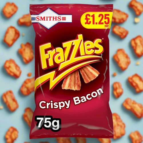 Smiths Frazzles Crispy Bacon Snacks Crisps £1.25 PMP 75g - Buy at Cinema Snacks, Snacking World Smiths Frazzles Crispy Bacon Snacks Crisps £1.25 PMP 75g - Buy at Cinema Snacks, Snacking World