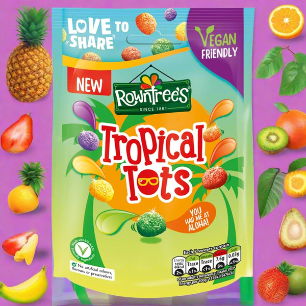 Rowntree's Tropical Tots Vegan Friendly Sweets Sharing Bag 140g - Buy at Cinema Snacks, Snacking World
