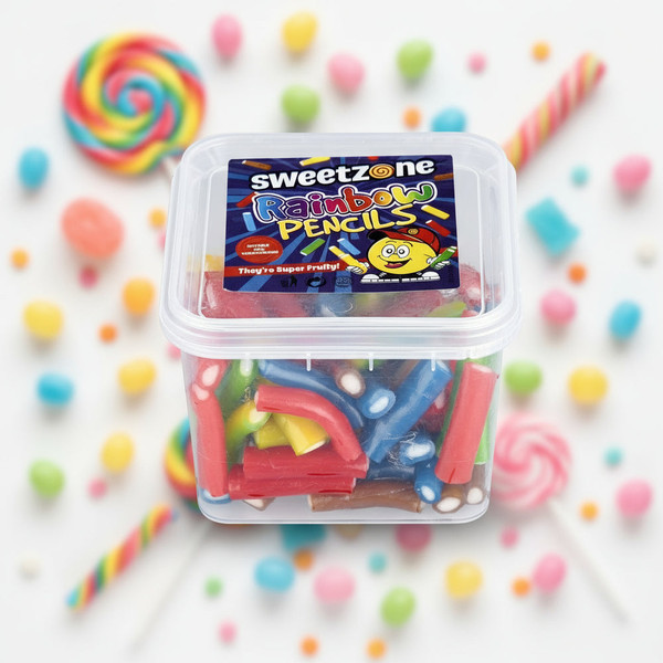 Sweetzone Rainbow Pencils 170g Sweet Tub – colourful halal fruity pencils with fondant filling, perfect for gifting or sharing.