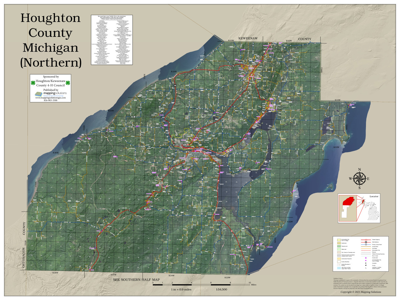 Houghton Keweenaw Counties Michigan 2021 Aerial Wall Map Mapping