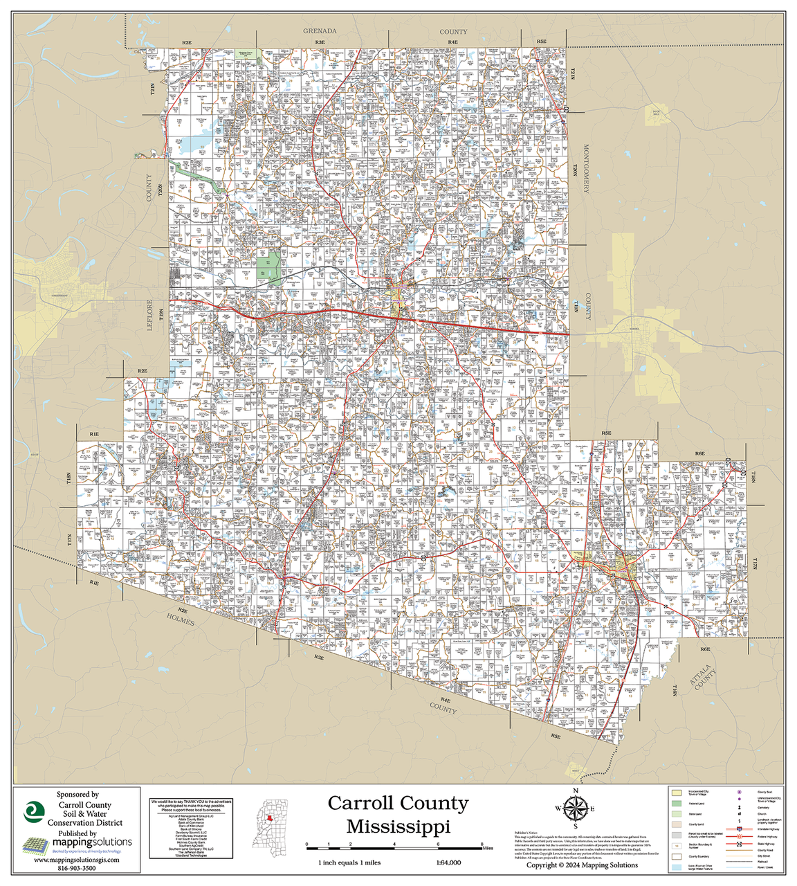 Carroll County Mississippi 2024 Wall Map | Mapping Solutions