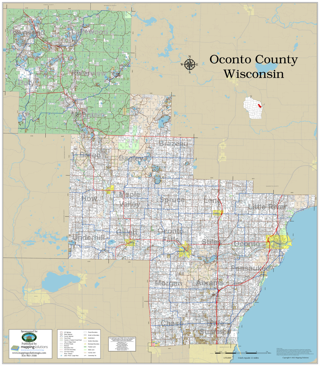 Oconto County Wisconsin 2022 Wall Map Mapping Solutions