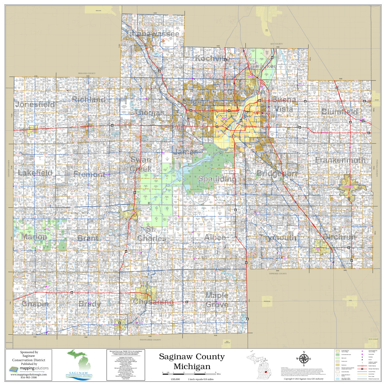 Saginaw County Michigan 2022 Wall Map Mapping Solutions 1980