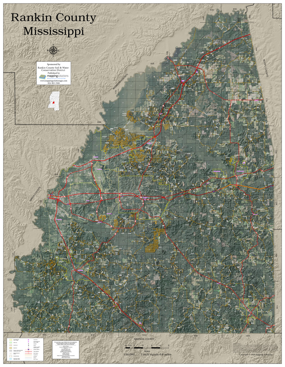 Rankin County Mississippi 2020 Aerial Wall Map Mapping Solutions 5582