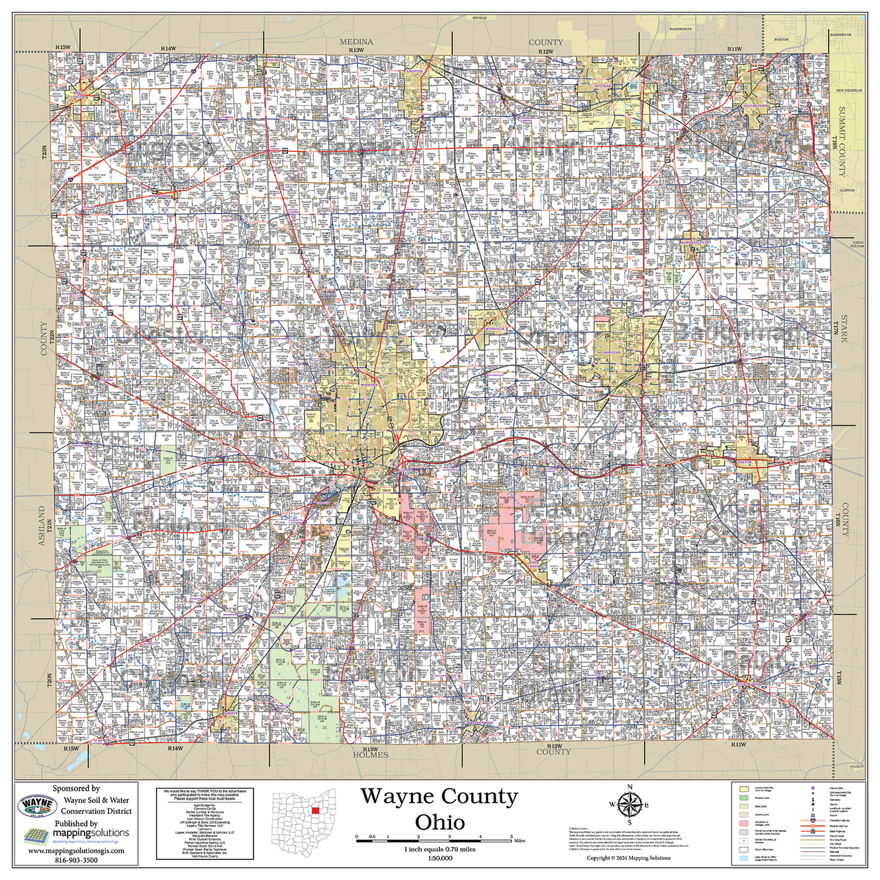 Wayne County Ohio Map Wayne County Ohio Detailed Profile Houses WayneOH WallMap 36x36 