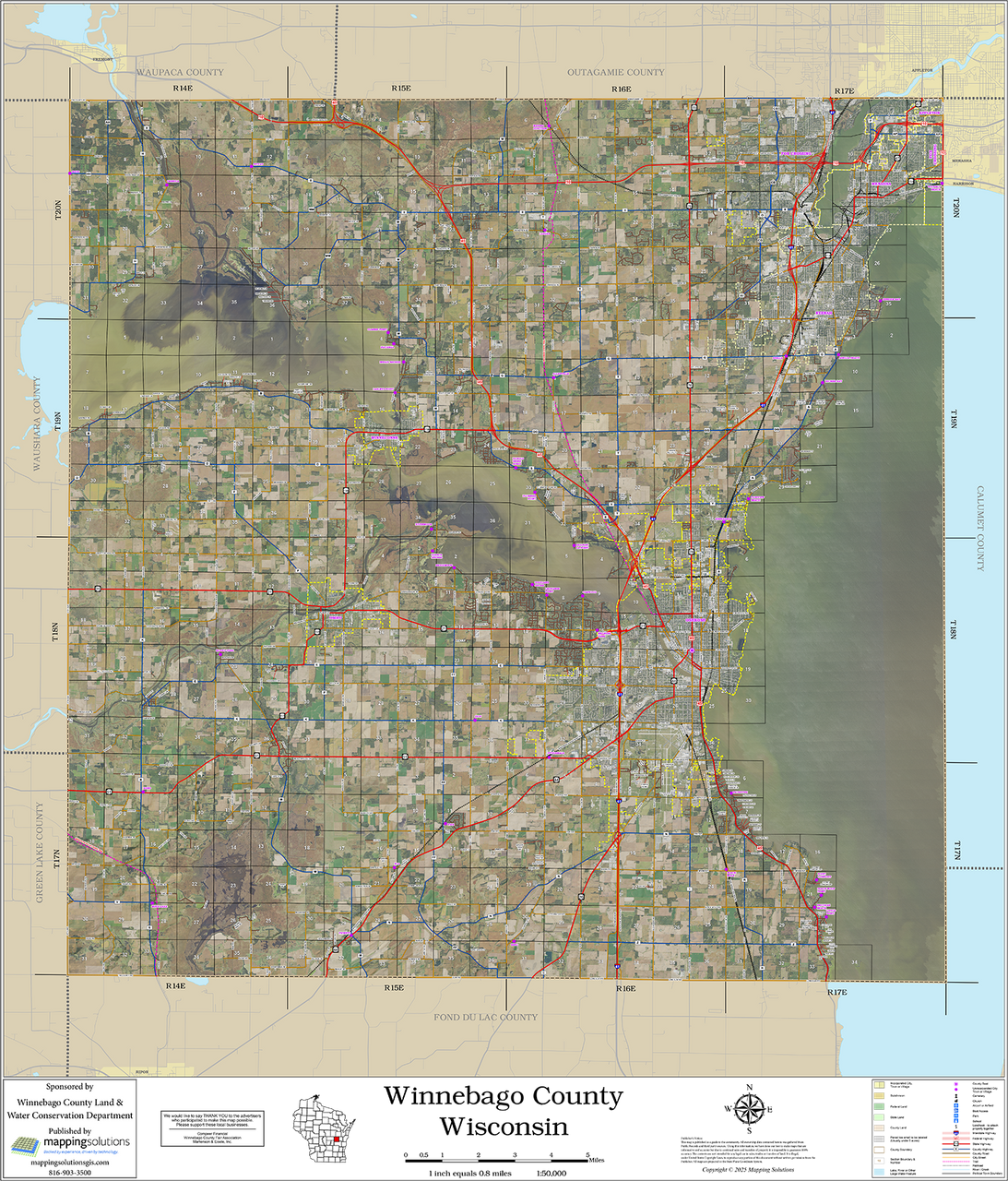 Winnebago County Wisconsin 2026 Aerial Wall Map | Mapping Solutions
