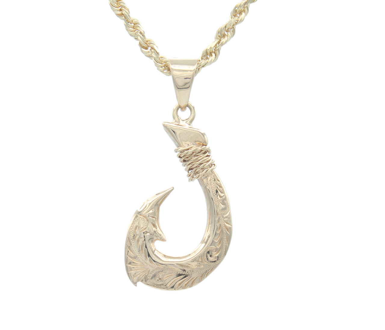 Solid 925 Sterling Silver Hawaiian Fishing Hook Large Mens Necklace Gold  Plated