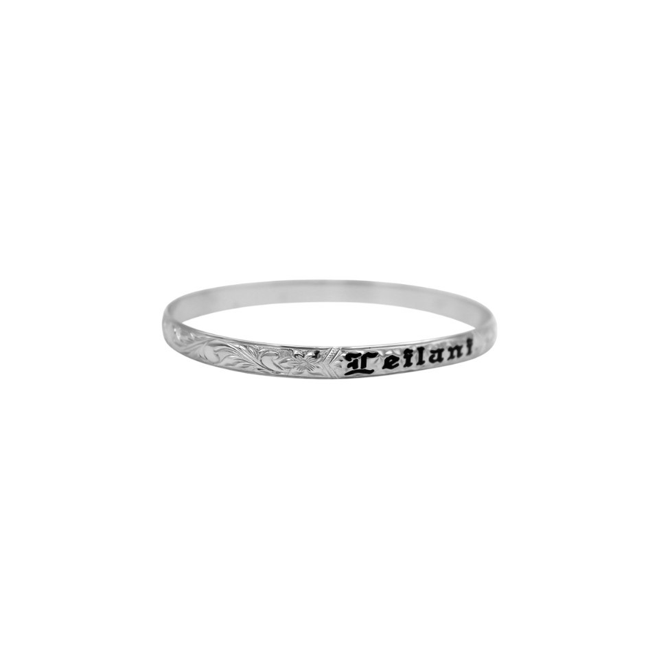 Sterling Silver Plain Edge Plumeria Shining Scroll Enamel Name Bangle