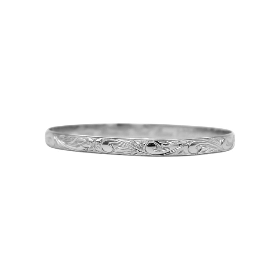 Sterling Silver Plain Edge Plumeria Shining Scroll Enamel Name Bangle