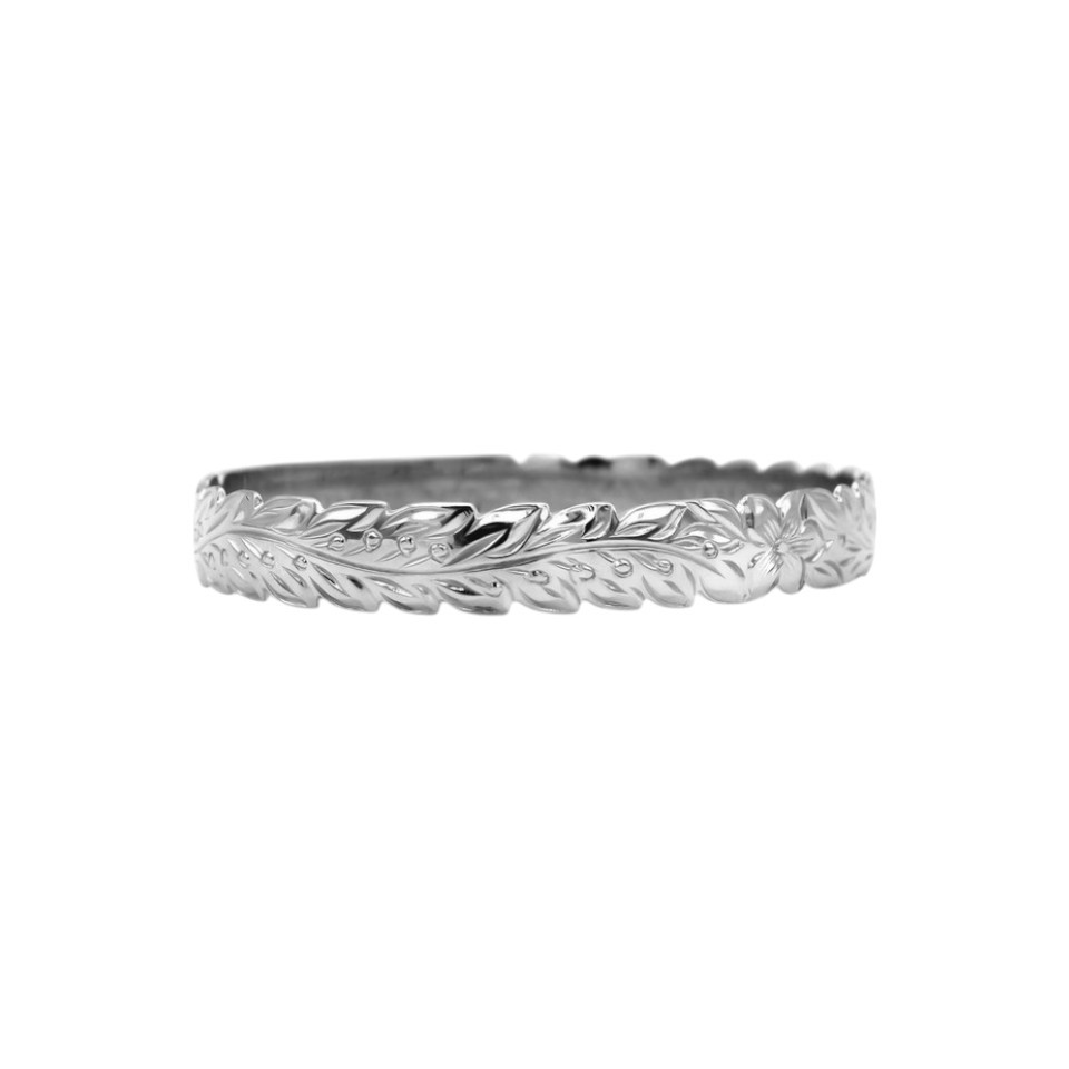 Sterling Silver Scalloped Edge Flowering Maile Raised Letter Name Bangle