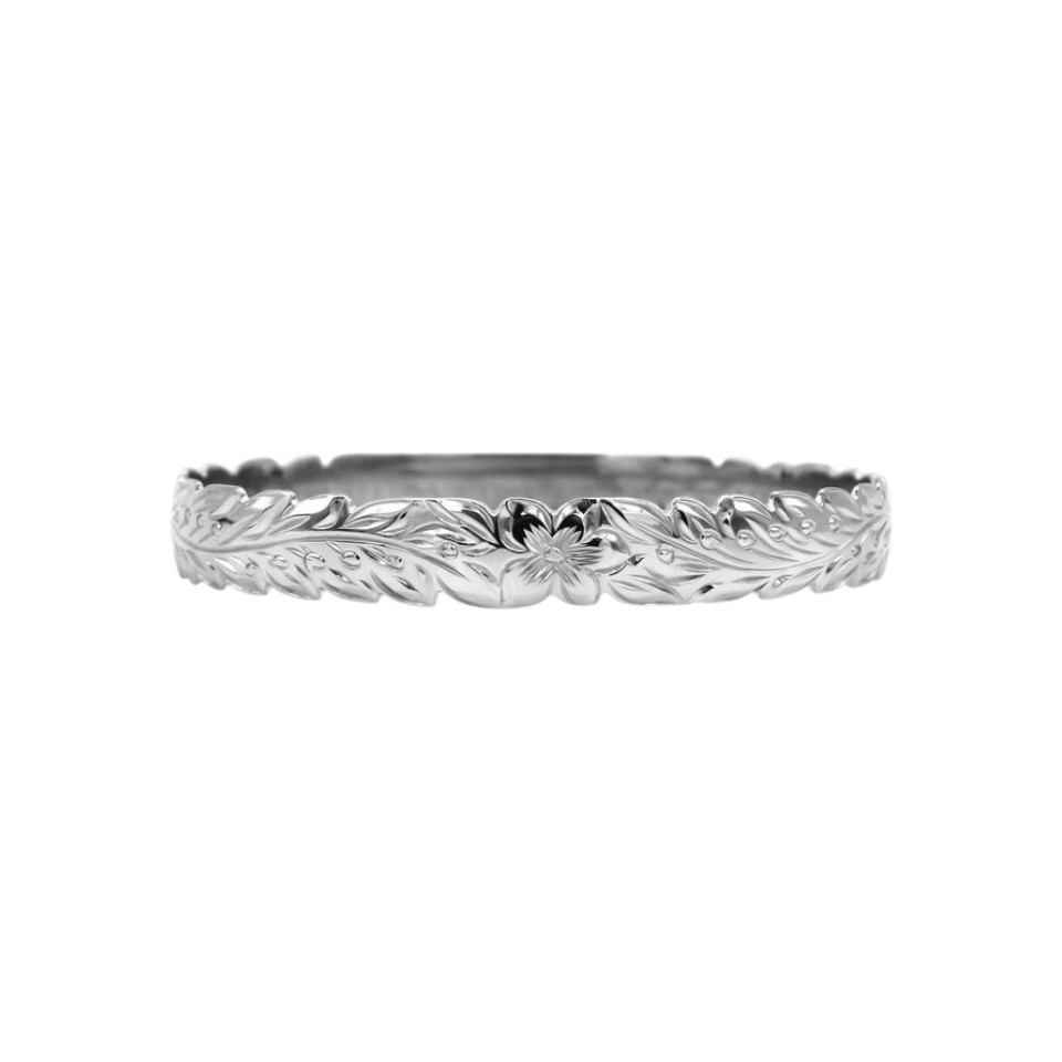 Sterling Silver Scalloped Edge Flowering Maile Raised Letter Name Bangle