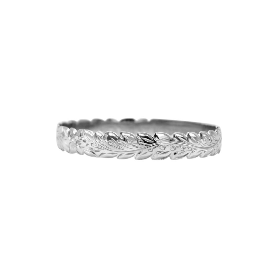 Sterling Silver Scalloped Edge Flowering Maile Raised Letter Name Bangle