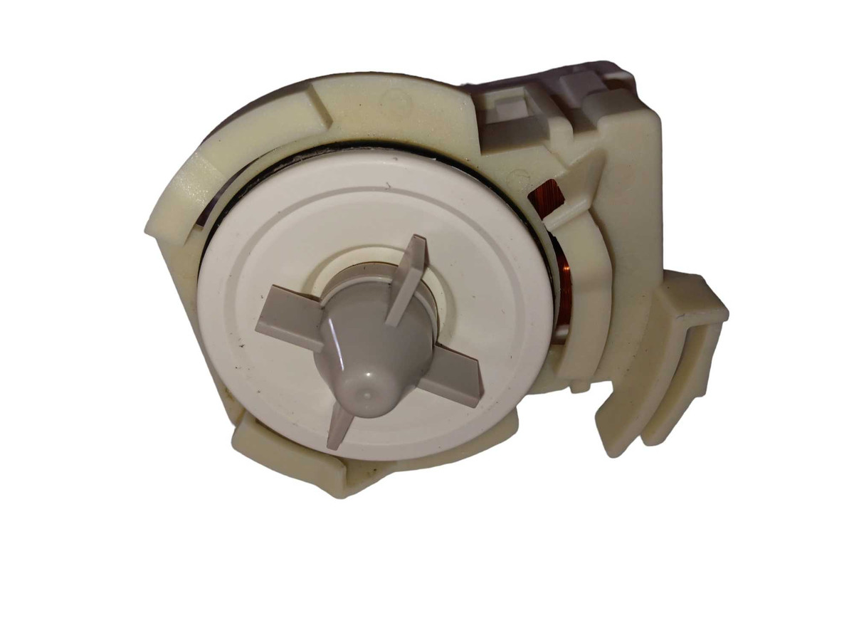 WPW10348269 genuine OEM Whirlpool dishwasher drain pump motor assembly with electrical connector and mounting housing on a white background.