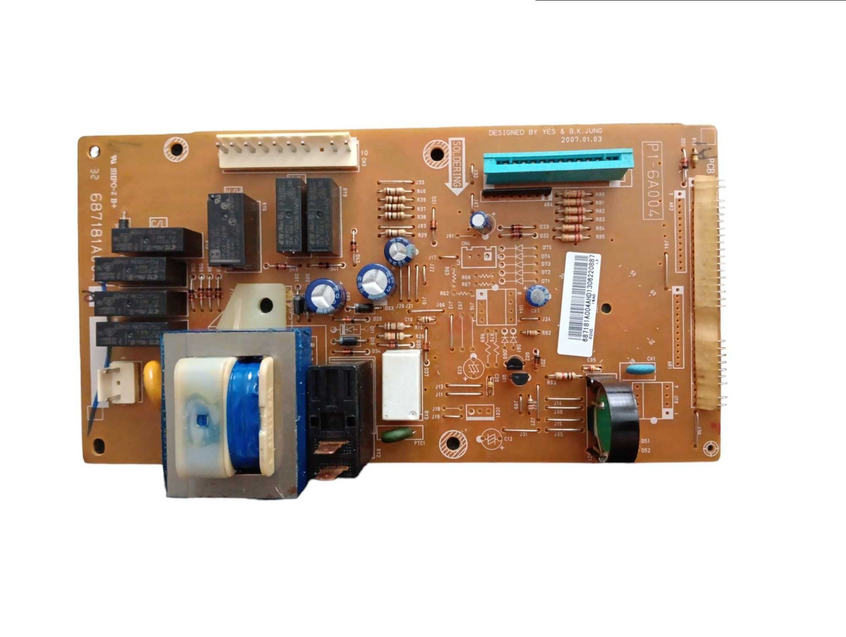 Refurbished OEM GE microwave main control board WB27X10931 and 687181A004A with electronic components visible.