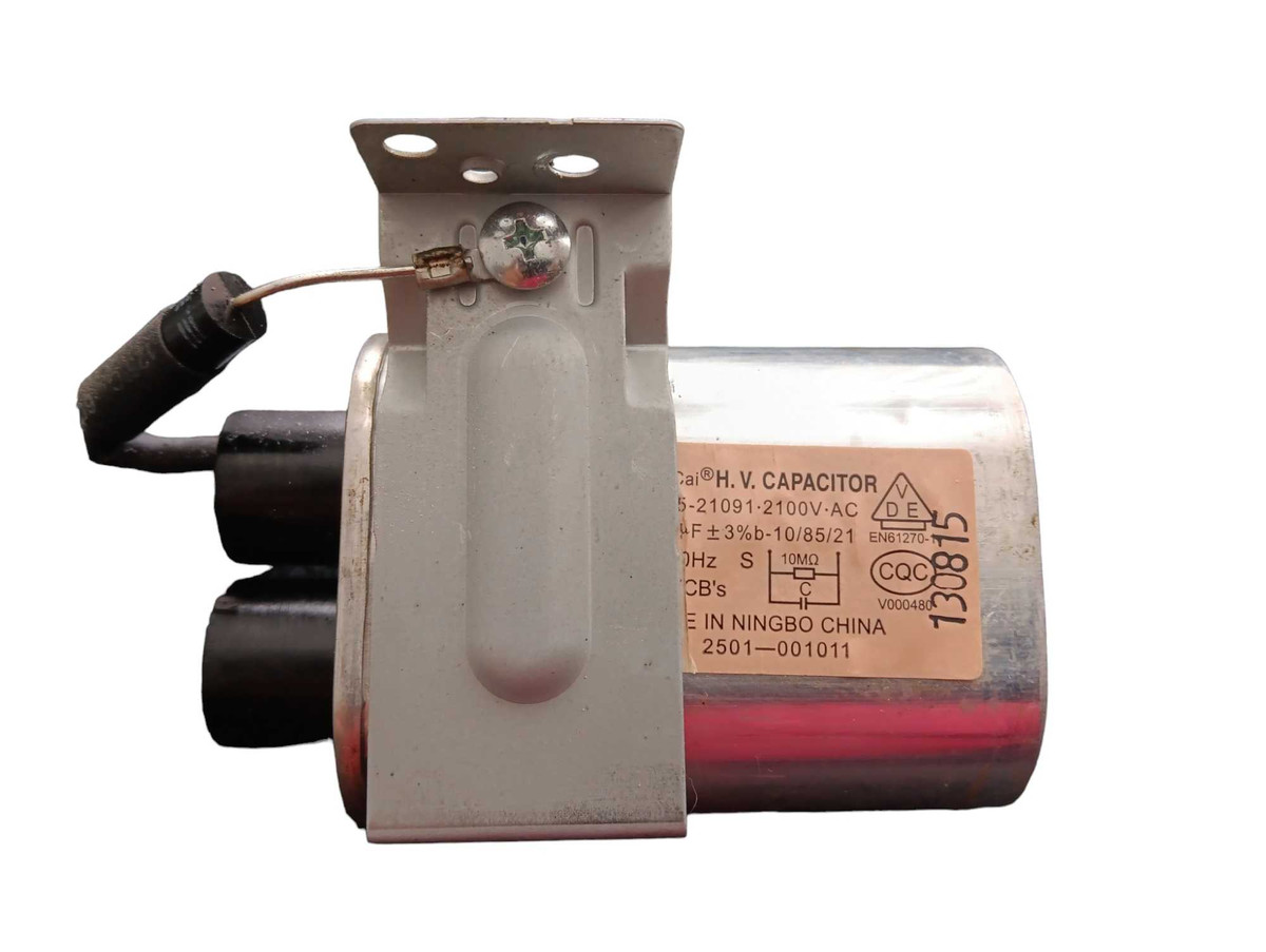 GE WB27X10011 microwave high voltage capacitor with metal housing and electrical terminals.
