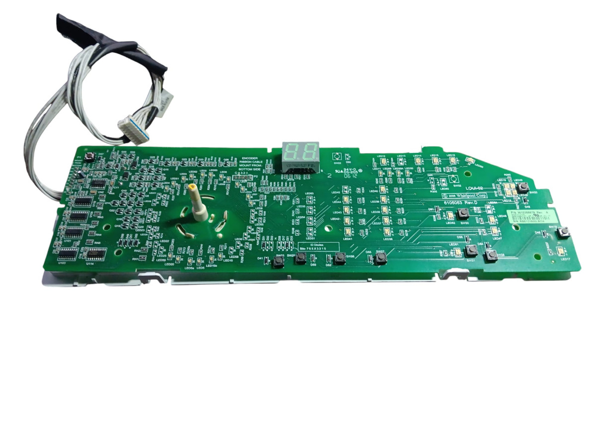 "Replacement control board WPW10388675 for Whirlpool dryers, featuring a durable electronic interface for managing dryer settings, cycles, and functions. This board is designed to fit select Whirlpool dryer models, ensuring efficient temperature control, timer functionality, and cycle adjustment. With a compact and sturdy PCB construction, the WPW10388675 provides reliable performance and easy installation. This control board replacement is ideal for restoring optimal dryer functionality and includes connectors for compatibility with OEM components. A genuine OEM part, it is perfect for troubleshooting electronic or timer issues in your dryer."