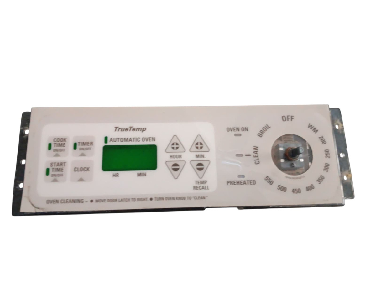 WB27T10230 oven control board assembly for GE ranges, showing the refurbished electronic board with display, wiring connectors, and mounting points. High-quality close-up photo of the control module used to regulate oven temperature and functions.