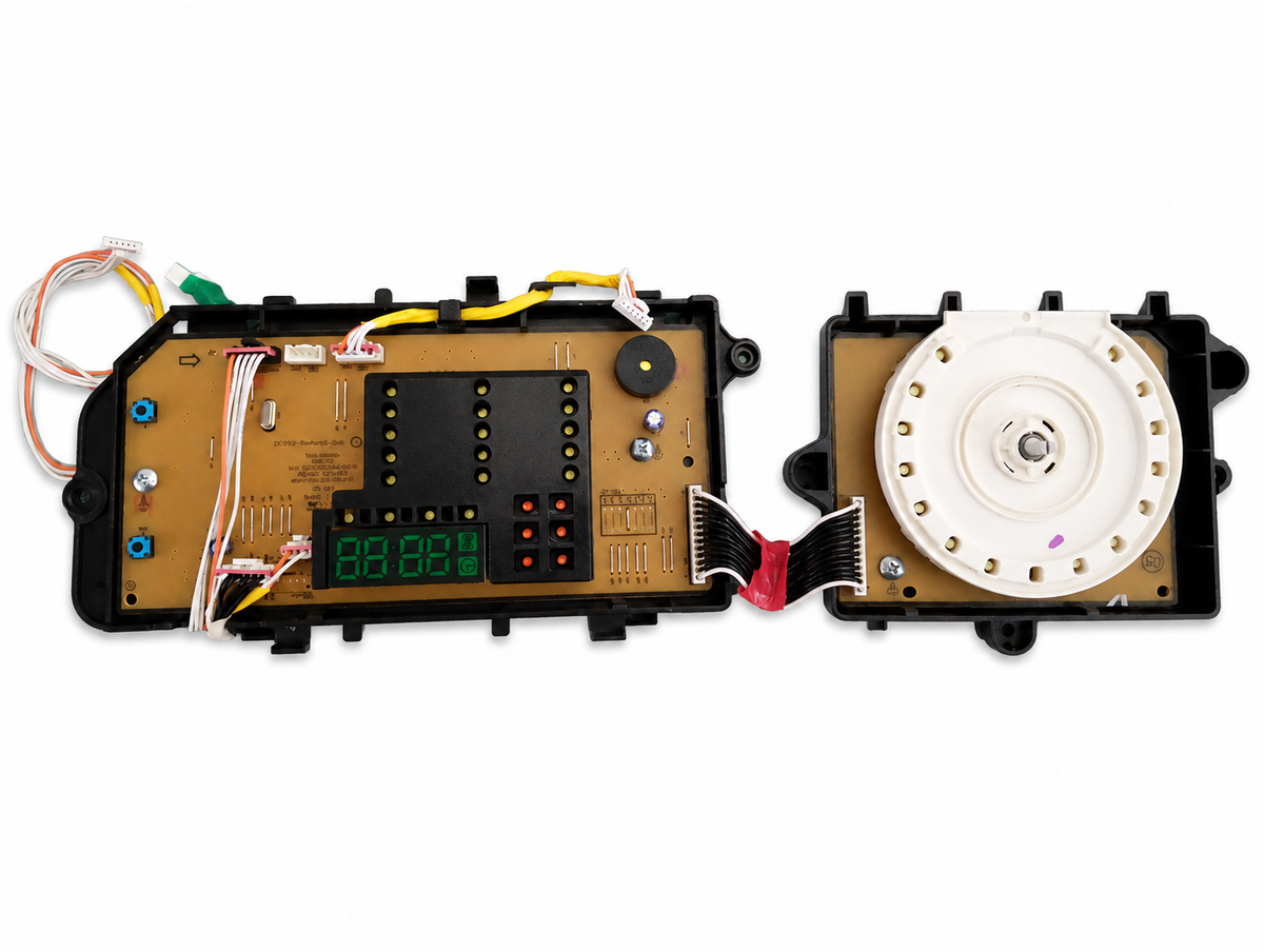 Samsung DC97-19327C dryer control panel assembly with integrated electronic control board, digital display, rotary selector, wiring harnesses, and black plastic housing. Genuine OEM replacement part.