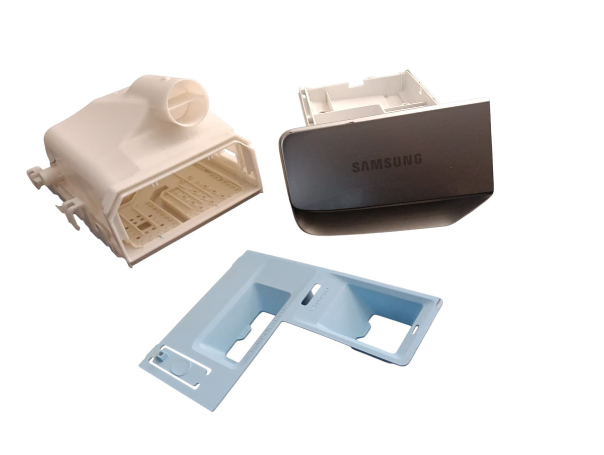 Genuine Samsung DC97-22579B washing machine detergent dispenser tray assembly, front load washer soap drawer replacement part.